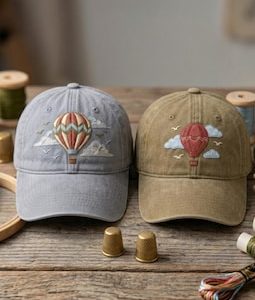 Custom Hot Air Balloon Embroidered Cap, Travel Adventure Hat, Sky Cloud Bird Design, Wanderlust Gift for Her