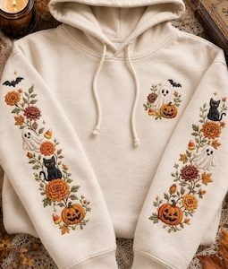 Сute Ghost Cat Embroidered Shirt, Spooky Flower Embroidery Sweatshirt, Spooky Season Hoodie, Fall Lover Gift, Fall Quotes Hoodie