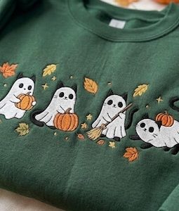 Halloween Cat Ghost Embroidered Shirt, Cute Ghost Embroidery Sweatshirt, Boo Ghost Hoodie, Fall Lover Gift, Fall Quotes Hoodie
