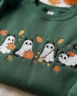 Halloween Cat Ghost Embroidered Shirt, Cute Ghost Embroidery Sweatshirt, Boo Ghost Hoodie, Fall Lover Gift, Fall Quotes Hoodie