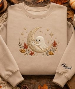 Custom Name Ghost Moon Embroidered Sweatshirt, Cute Halloween Crewneck, Autumn Leaves Shirt, Personalized Gift For Spooky Fall Lover