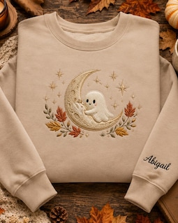 Custom Name Ghost Moon Embroidered Sweatshirt, Cute Halloween Crewneck, Autumn Leaves Shirt, Personalized Gift For Spooky Fall Lover