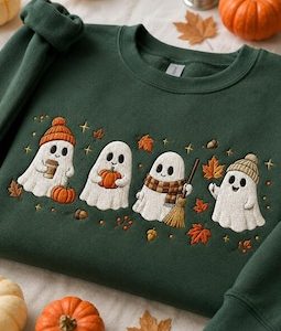 Fall Ghost Embroidered Shirt, Cute Ghost Sweatshirt, Autumn Ghost Gift, Pumpkin Ghost Halloween Shirt, Thanksgiving Gift