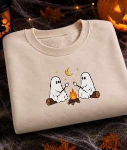 Two Cute Ghosts Camping Embroidered Tee, Spooky Season Outdoors Gift, Halloween Vintage Embroidery Sweatshirt