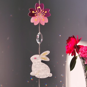 Crystal Sun Catcher for Window Hanging, Easter Decor, Sakura Rabbit Decor Wall Art, Birthday Gift, Wall Decor Boho Room Decor, Rainbow Maker