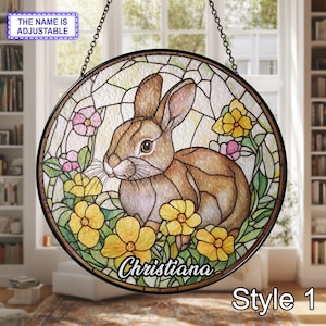 Custom Name Rabbit Stained Glass Suncatcher – Personalized Bunny Window Decor, Cute Easter Suncatcher Gift