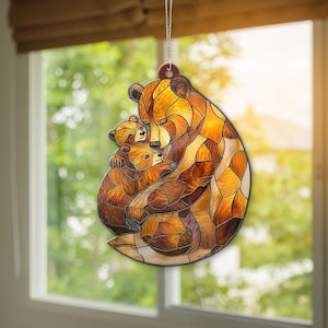 Mothers Day Gift, Mama Bear With Cubs Suncatcher Hanging, New Mom Gift, Mom Birthday Gift, Gift For Mama, Bear Suncatcher