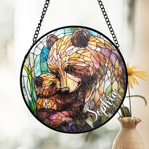 Personalized Bear Stained Glass Suncatcher, Custom Name Window Decor, Mother and Baby Bear Art, Nature Theme, Glass Panel, Mother's Day Gift