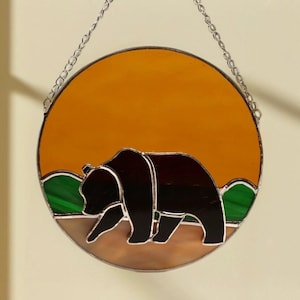 Stained Glass Bear Suncatcher: Sunset Window Hanging, Animal Lover Gift