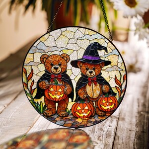 Suncatcher stained glass teddy bears with pumpkins Halloween gift