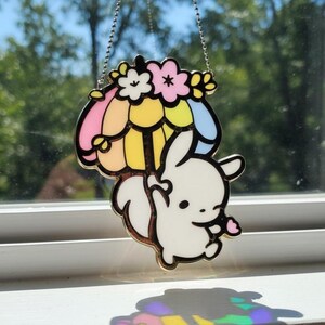 Kawaii Bunny With Umbrella Suncatcher, Faux Stained Glass Acrylic Window Hanging, Whimsical Spring Rainbow Maker Decor, Nursery Gift