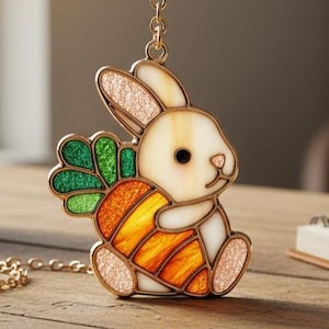 Adorable Bunny With Carrot Faux Stained Glass Suncatcher, Cute Rabbit Acrylic Window Hanging, Easter Spring Nursery Decor, Valentine Gift