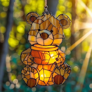 Bear with Honey Pot Acrylic Suncatcher Faux Stained ACRYLIC Window Hanging, Cute Animal Decor or Baby Room Gift for Kids or Nature Lovers