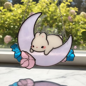 Cute Rabbit Moon Resin Suncatcher, Kawaii Bunny Window Hanging, Nursery Room Decor, Celestial Aesthetic Gift For Her