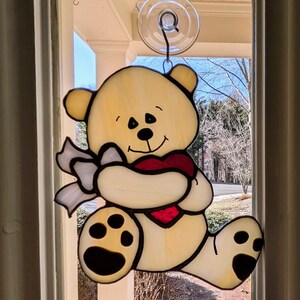 Teddy Bear with Heart Stained Glass Suncatcher
