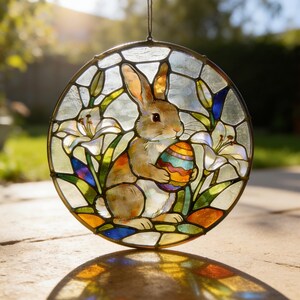 Handmade Easter Bunny Stained Glass Suncatcher, Bunny with Egg Window Hanging, Spring Home Decor, Unique Holiday Gift for Her