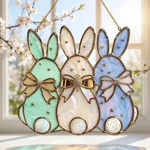 Trio Bunny Acrylic Suncatcher, Pastel Rabbit Spring Window Hanging Decor, Cute Holiday Gift for Home, Easter Gift