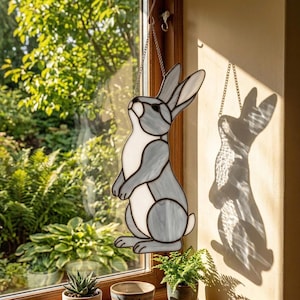 Stained Glass Bunny Suncatcher, Rabbit Window Hanging, Cottagecore Room Decor, Handmade Animal Glass Art, Boxed Gift for Nature Lover