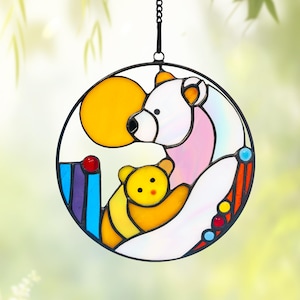 Real Stained Glass Bear Suncatcher, Polar Bear with Teddy Window Hanging, Cute Animal Decor, Nursery Ornament, Gift for Mom