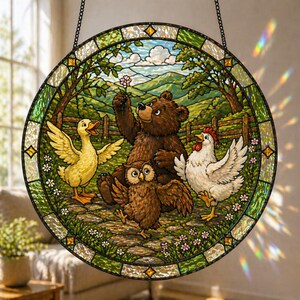 Cute Woodland Animal Suncatcher, Bear Bunny Friends Window Hanging, Stained Glass Style Kids Room Decor, Baby Shower Gift