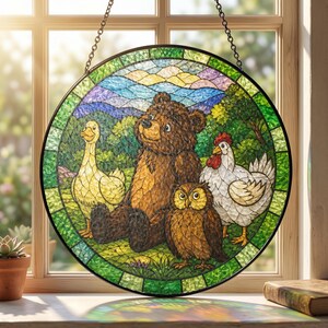 Cute Animal Friends Stained Glass Suncatcher, Little Bear Suncatcher, Window Hanging, Nursery Decor, Bear Duck Owl Hen, Kids Room Gift