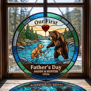 Personalized First Father's Day Fishing Bear Suncatcher, Custom Name Stained Glass Window Art, New Dad Keepsake Gift