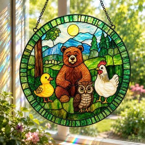 Little Bear Suncatcher Acrylic Window Hanging, Cute Animal Friends Nursery Decor, Stained Glass Style Bear Duck Owl Hen, Kids Room Gift Idea